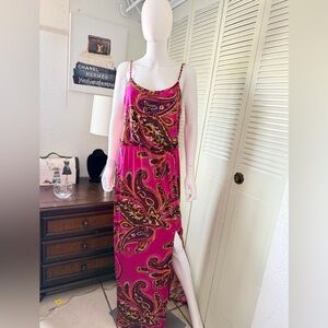 Cache Pink Paisley Maxi Dress Size L Spaghetti Strap Side Slit Boho Summer